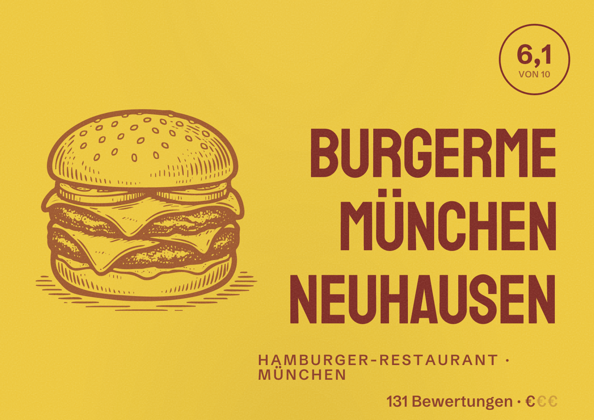 Illustriertes Poster von burgerme München Neuhausen, Hamburger-Restaurant in München: Bewertung 6,1 von 10 aus 131 Bewertungen, Preisniveau €