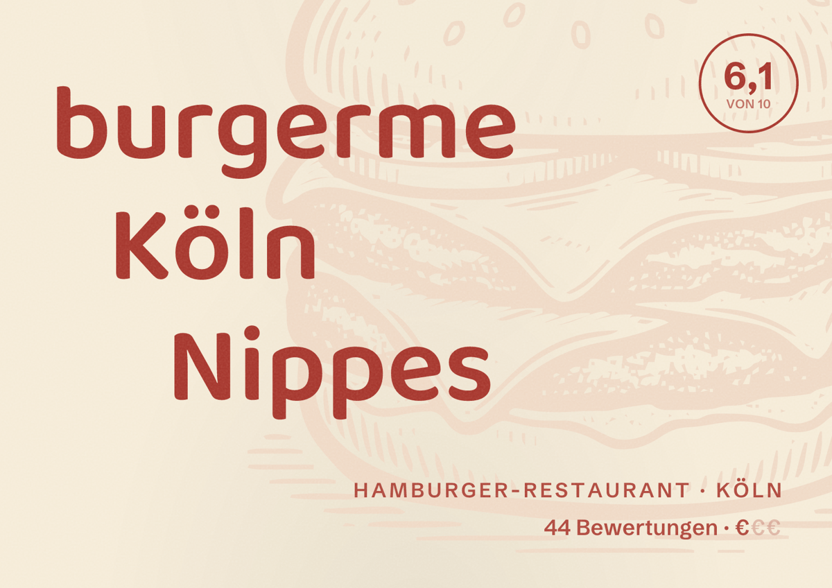 Illustriertes Poster von burgerme Köln Nippes, Hamburger-Restaurant in Köln: Bewertung 6,1 von 10 aus 44 Bewertungen, Preisniveau €