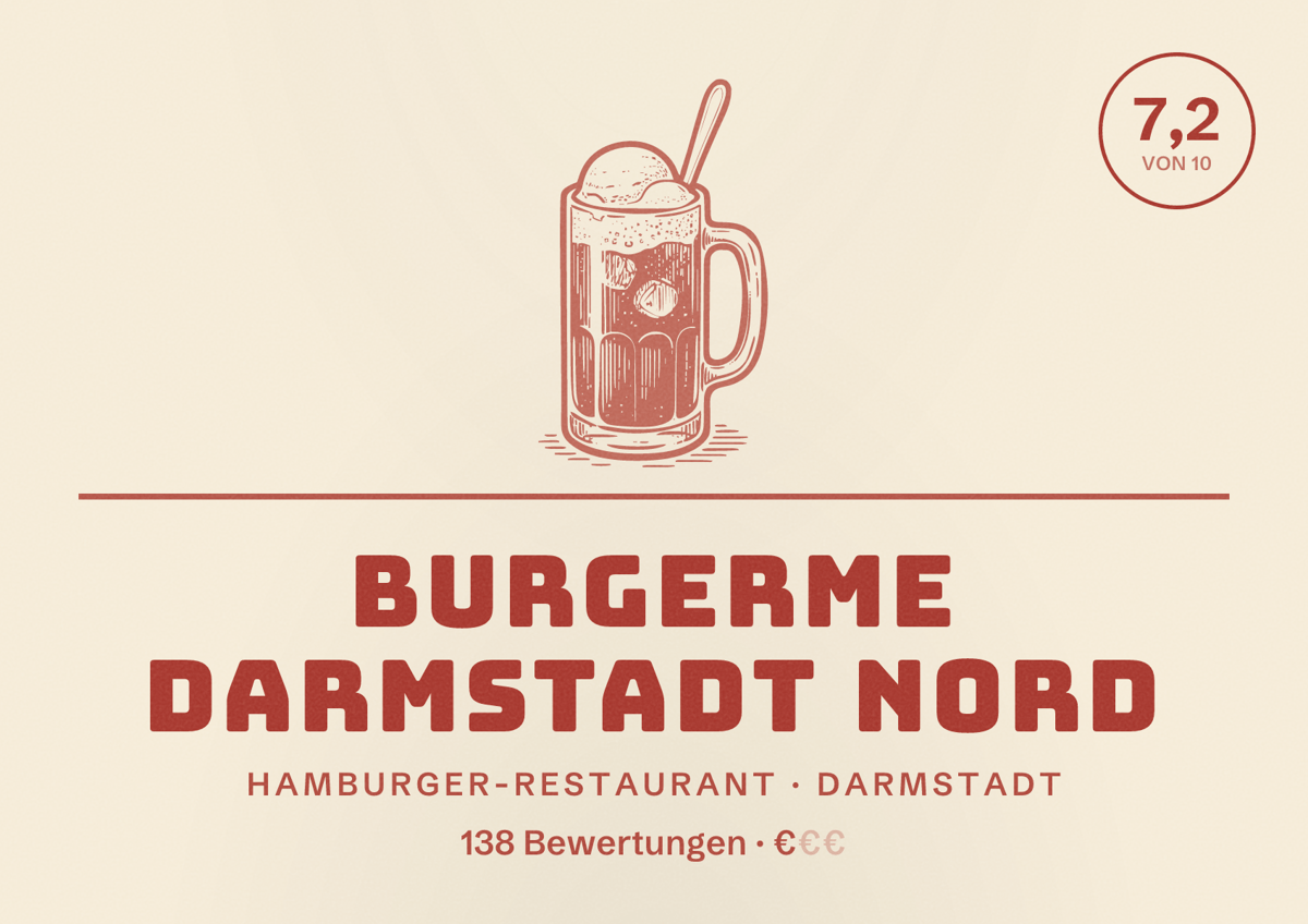 Illustriertes Poster von burgerme Darmstadt Nord, Hamburger-Restaurant in Darmstadt: Bewertung 7,2 von 10 aus 138 Bewertungen, Preisniveau €