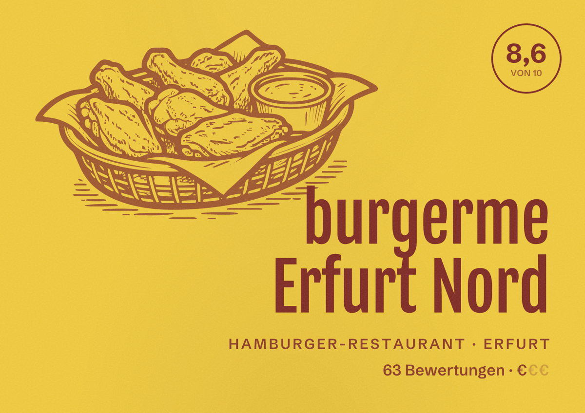 Illustriertes Poster von burgerme Erfurt Nord, Hamburger-Restaurant in Erfurt: Bewertung 8,6 von 10 aus 63 Bewertungen, Preisniveau €