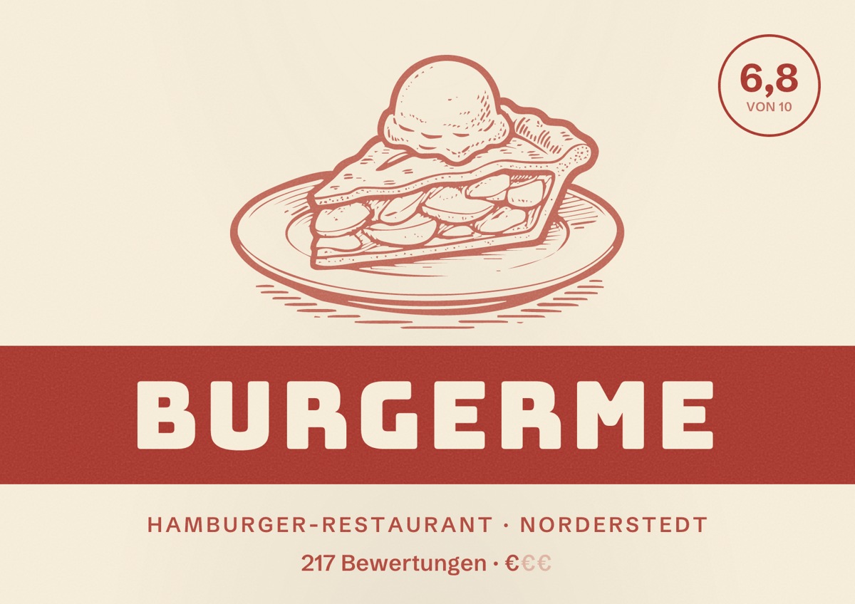 Illustriertes Poster von burgerme, Hamburger-Restaurant in Norderstedt: Bewertung 6,8 von 10 aus 217 Bewertungen, Preisniveau €