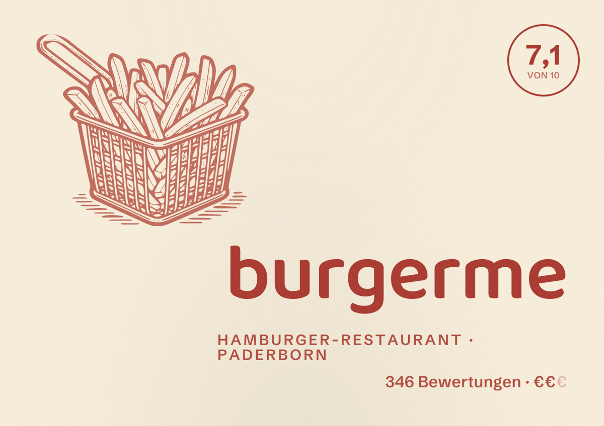 Illustriertes Poster von burgerme, Hamburger-Restaurant in Paderborn: Bewertung 7,1 von 10 aus 346 Bewertungen, Preisniveau €€