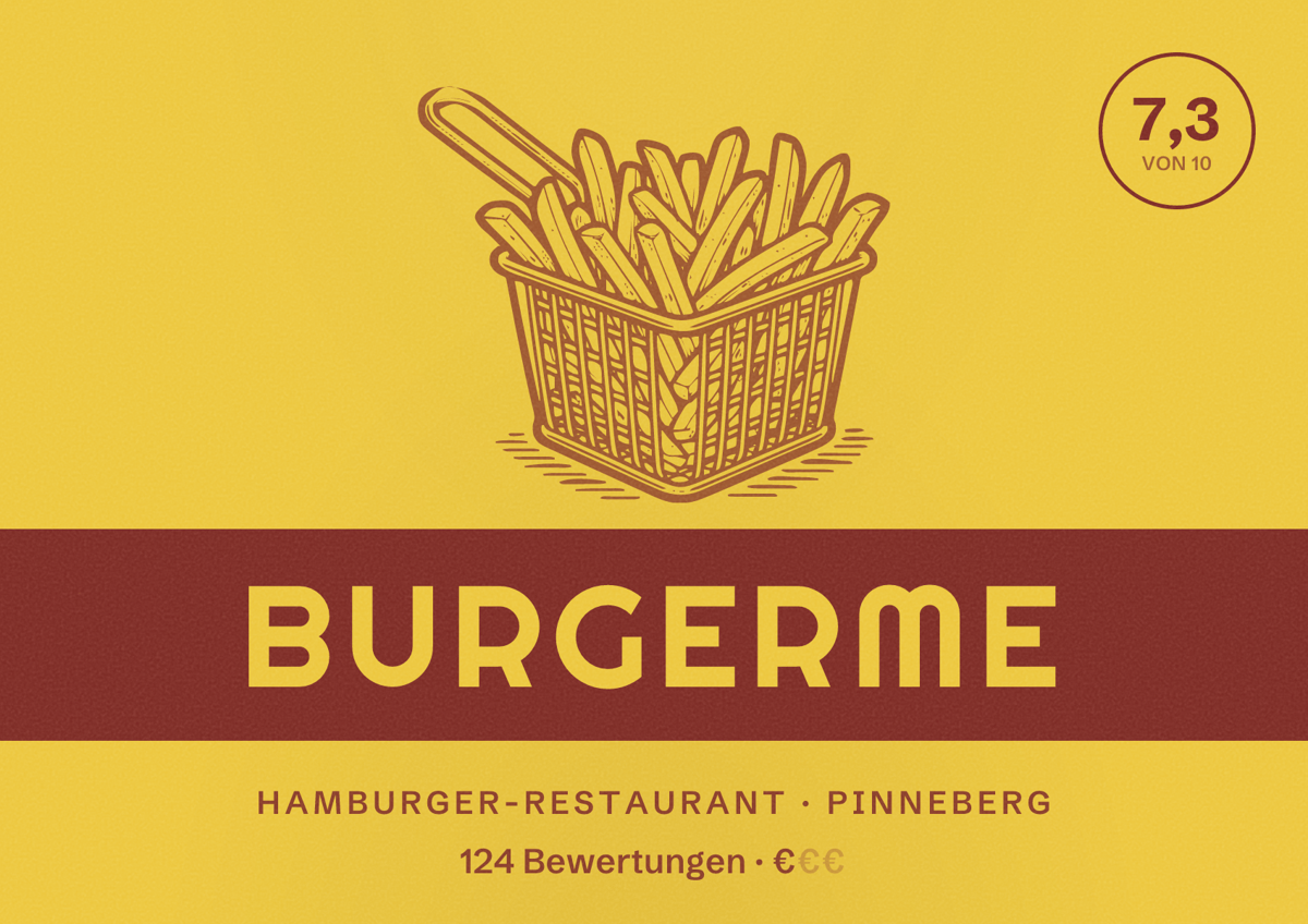 Illustriertes Poster von burgerme, Hamburger-Restaurant in Pinneberg: Bewertung 7,3 von 10 aus 124 Bewertungen, Preisniveau €