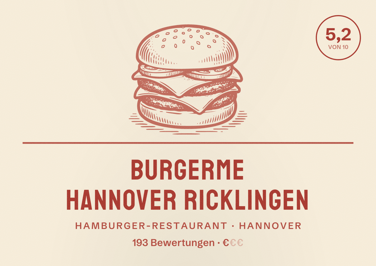 Illustriertes Poster von burgerme Hannover Ricklingen, Hamburger-Restaurant in Hannover: Bewertung 5,2 von 10 aus 193 Bewertungen, Preisniveau €