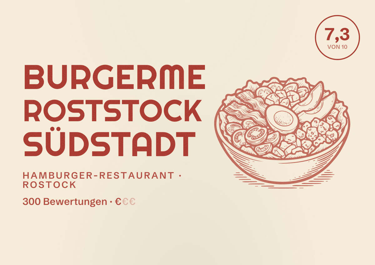 Illustriertes Poster von burgerme Roststock Südstadt, Hamburger-Restaurant in Rostock: Bewertung 7,3 von 10 aus 300 Bewertungen, Preisniveau €