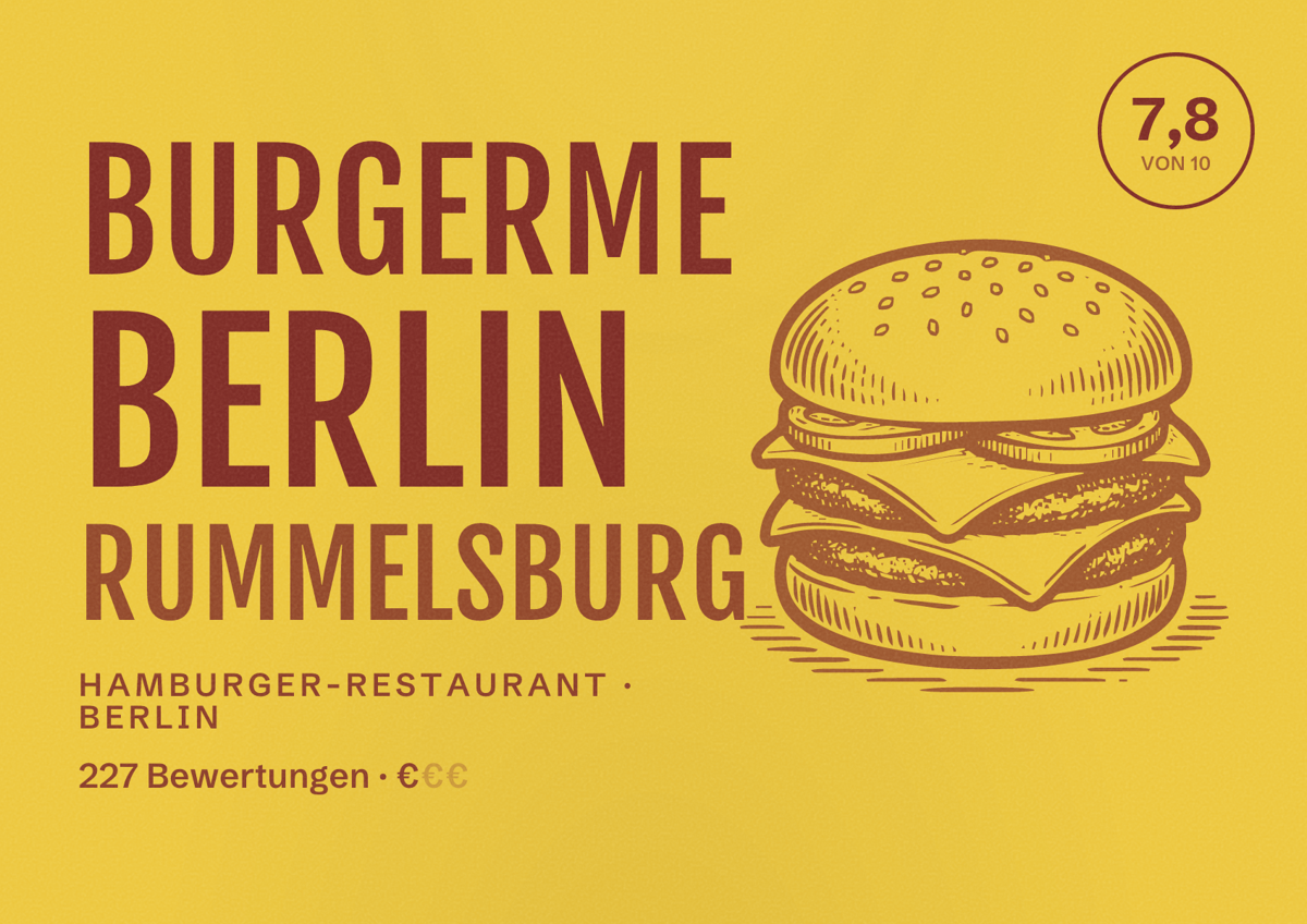 Illustriertes Poster von burgerme Berlin Rummelsburg, Hamburger-Restaurant in Berlin: Bewertung 7,8 von 10 aus 227 Bewertungen, Preisniveau €