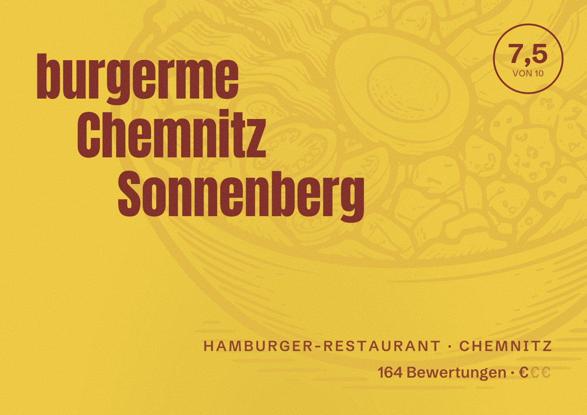 Illustriertes Poster von burgerme Chemnitz Sonnenberg, Hamburger-Restaurant in Chemnitz: Bewertung 7,5 von 10 aus 164 Bewertungen, Preisniveau €