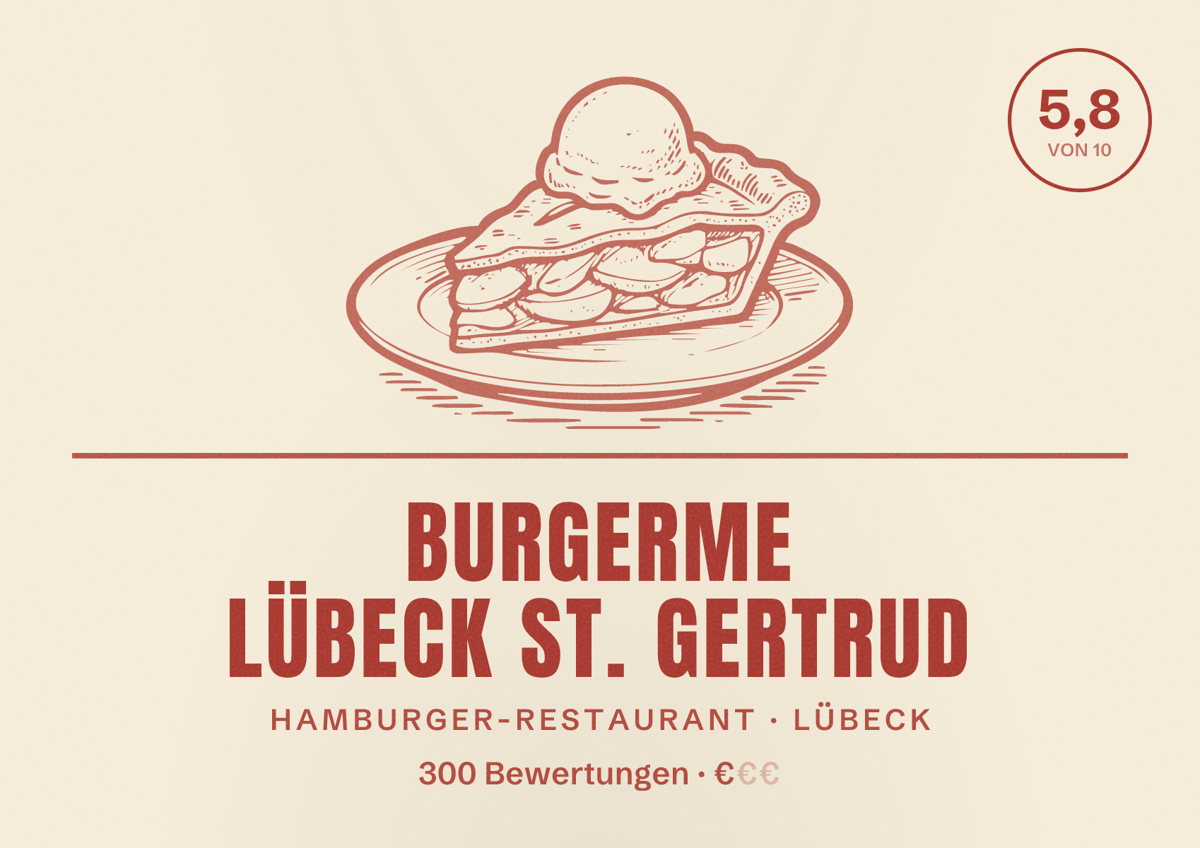 Illustriertes Poster von burgerme Lübeck St. Gertrud, Hamburger-Restaurant in Lübeck: Bewertung 5,8 von 10 aus 300 Bewertungen, Preisniveau €