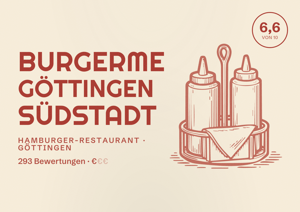 Illustriertes Poster von burgerme Göttingen Südstadt, Hamburger-Restaurant in Göttingen: Bewertung 6,6 von 10 aus 293 Bewertungen, Preisniveau €