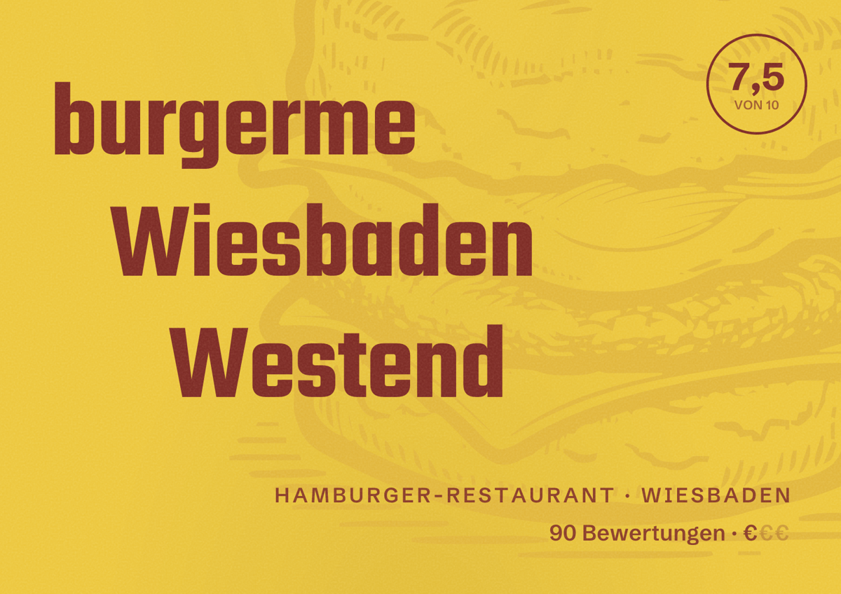 Illustriertes Poster von burgerme Wiesbaden Westend, Hamburger-Restaurant in Wiesbaden: Bewertung 7,5 von 10 aus 90 Bewertungen, Preisniveau €