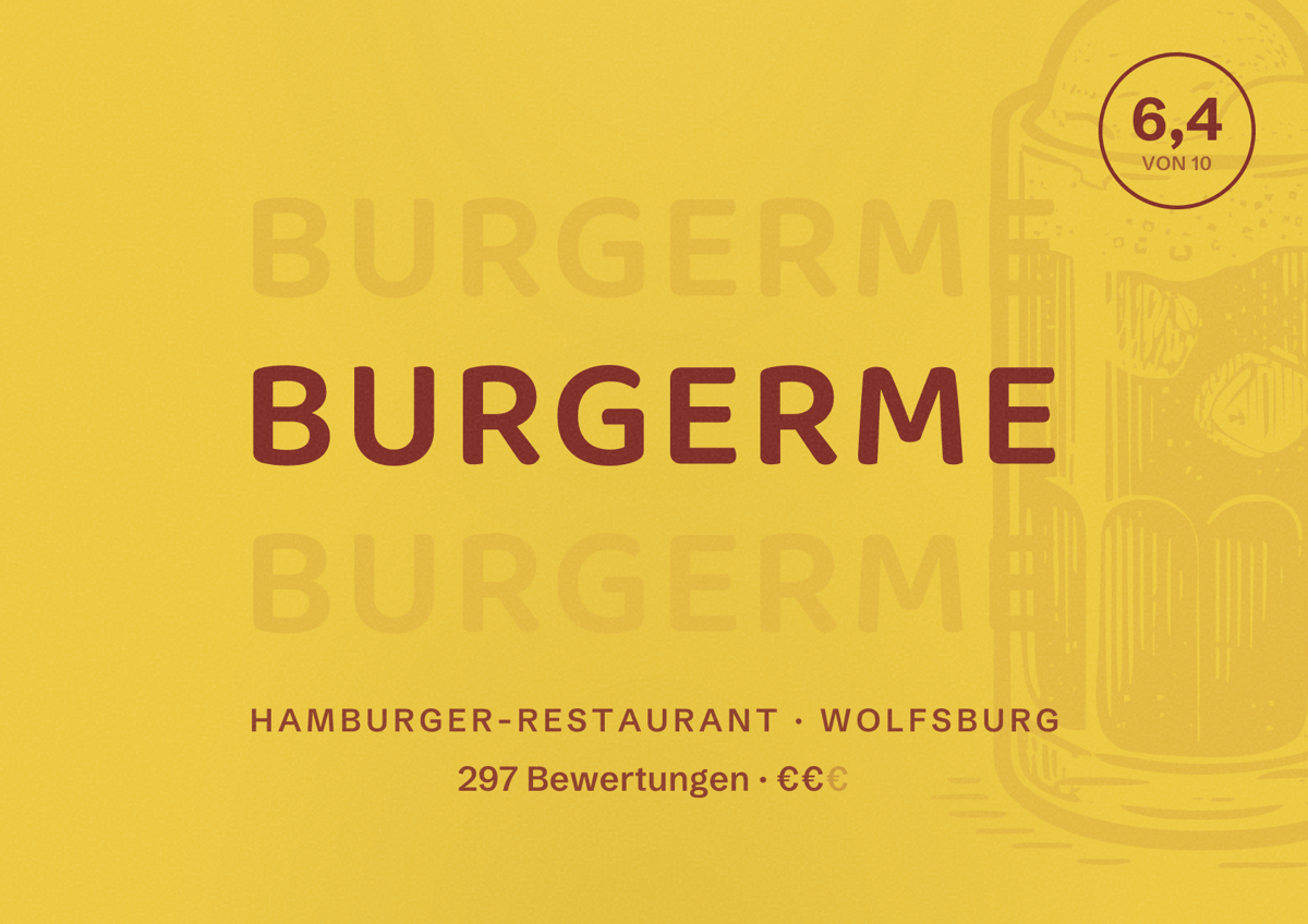 Illustriertes Poster von burgerme, Hamburger-Restaurant in Wolfsburg: Bewertung 6,4 von 10 aus 297 Bewertungen, Preisniveau €€
