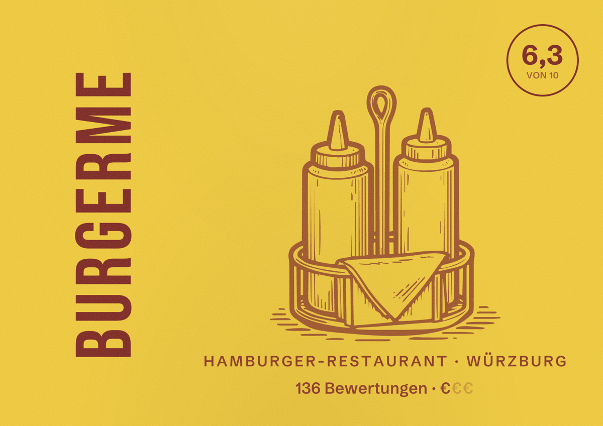 Illustriertes Poster von burgerme, Hamburger-Restaurant in Würzburg: Bewertung 6,3 von 10 aus 136 Bewertungen, Preisniveau €
