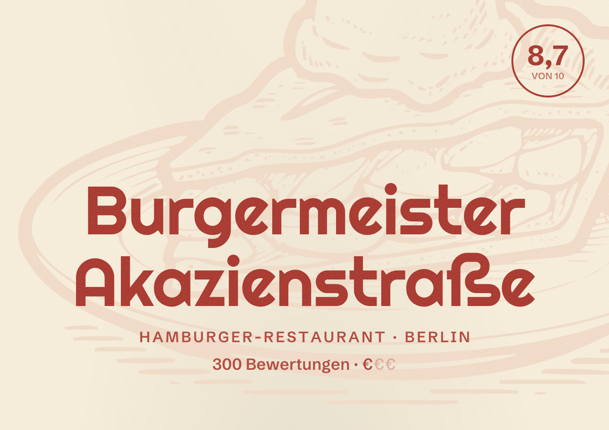 Illustriertes Poster von Burgermeister Akazienstraße, Hamburger-Restaurant in Berlin: Bewertung 8,7 von 10 aus 300 Bewertungen, Preisniveau €