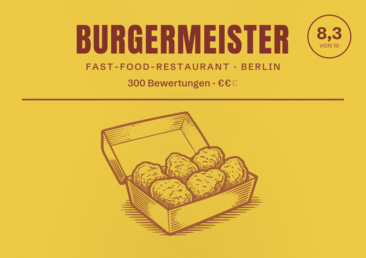 Illustriertes Poster von Burgermeister, Fast-Food-Restaurant in Berlin: Bewertung 8,3 von 10 aus 300 Bewertungen, Preisniveau €€