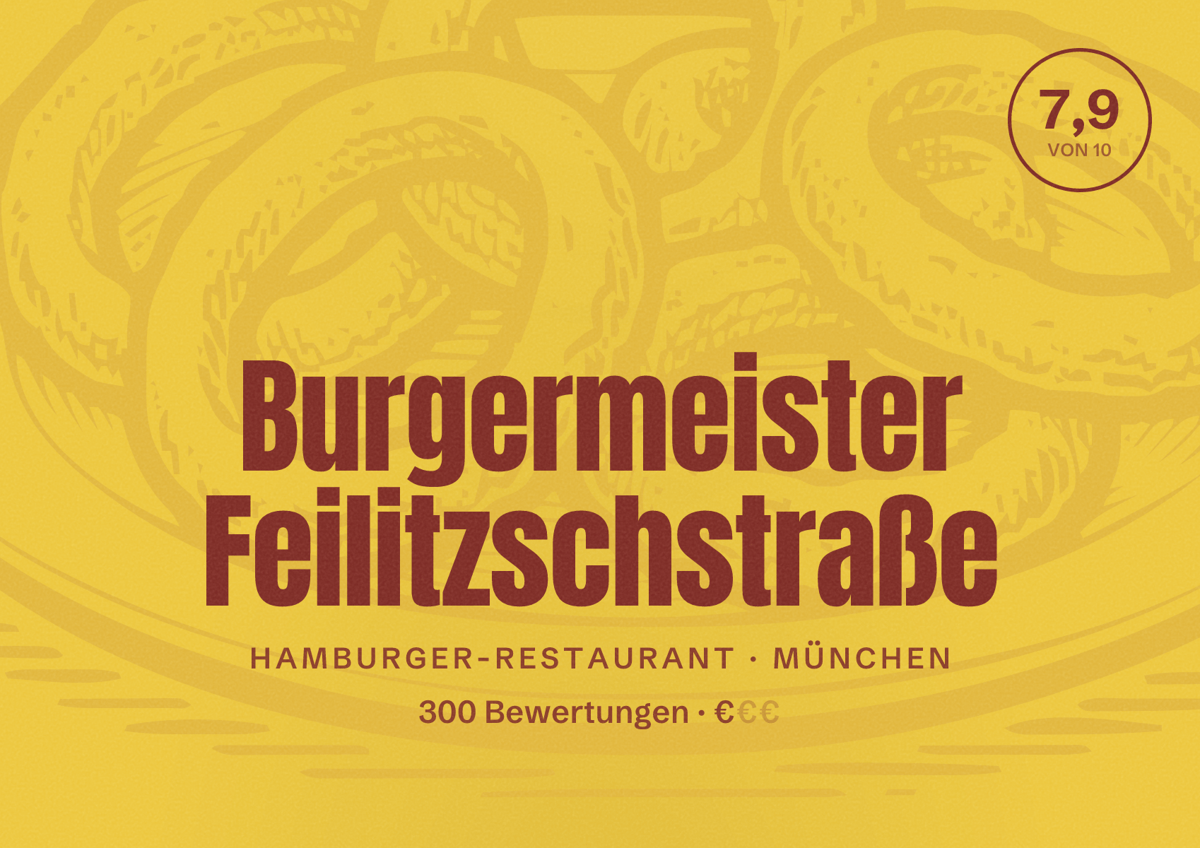 Illustriertes Poster von Burgermeister Feilitzschstraße, Hamburger-Restaurant in München: Bewertung 7,9 von 10 aus 300 Bewertungen, Preisniveau €