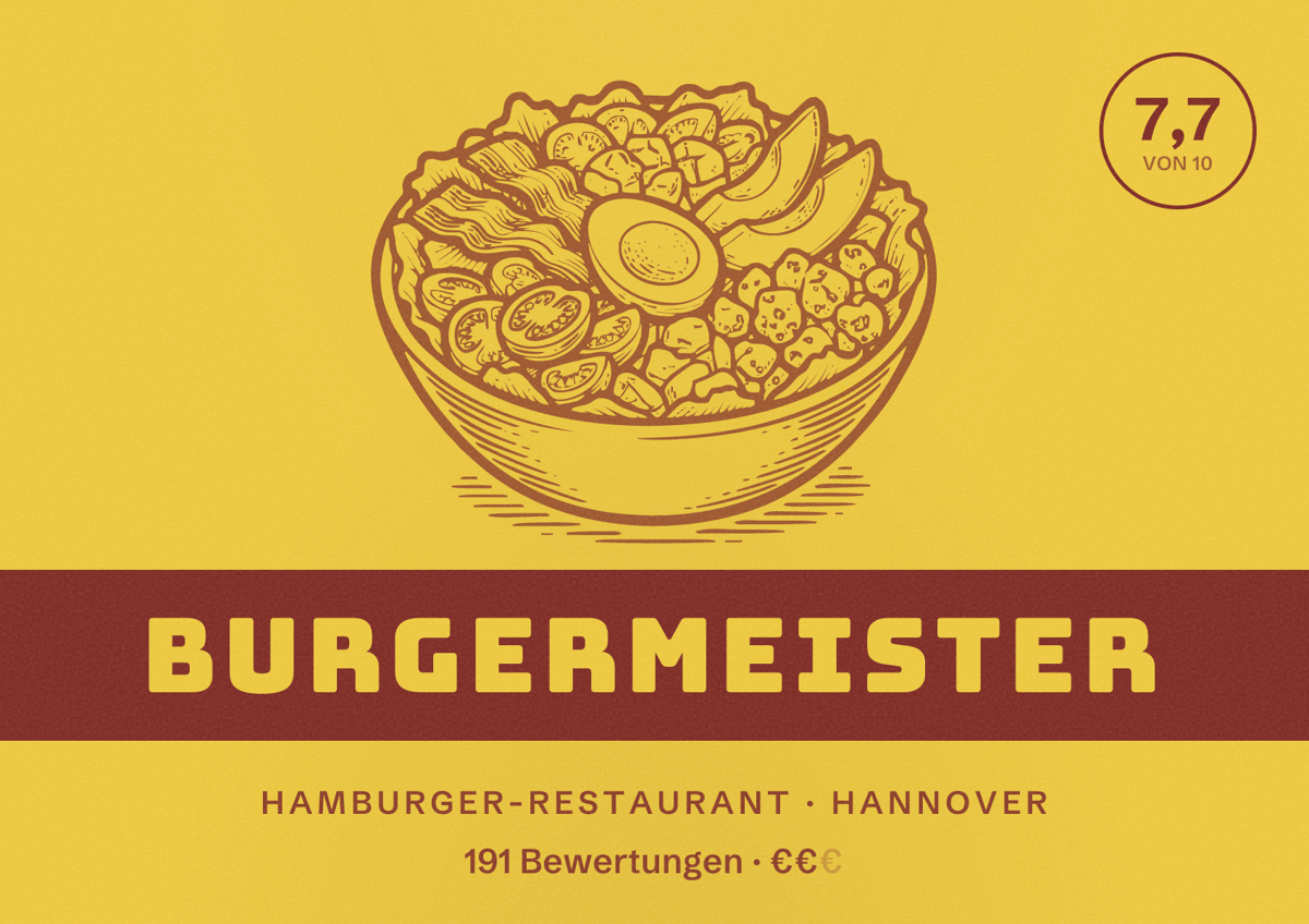 Illustriertes Poster von Burgermeister, Hamburger-Restaurant in Hannover: Bewertung 7,7 von 10 aus 191 Bewertungen, Preisniveau €€
