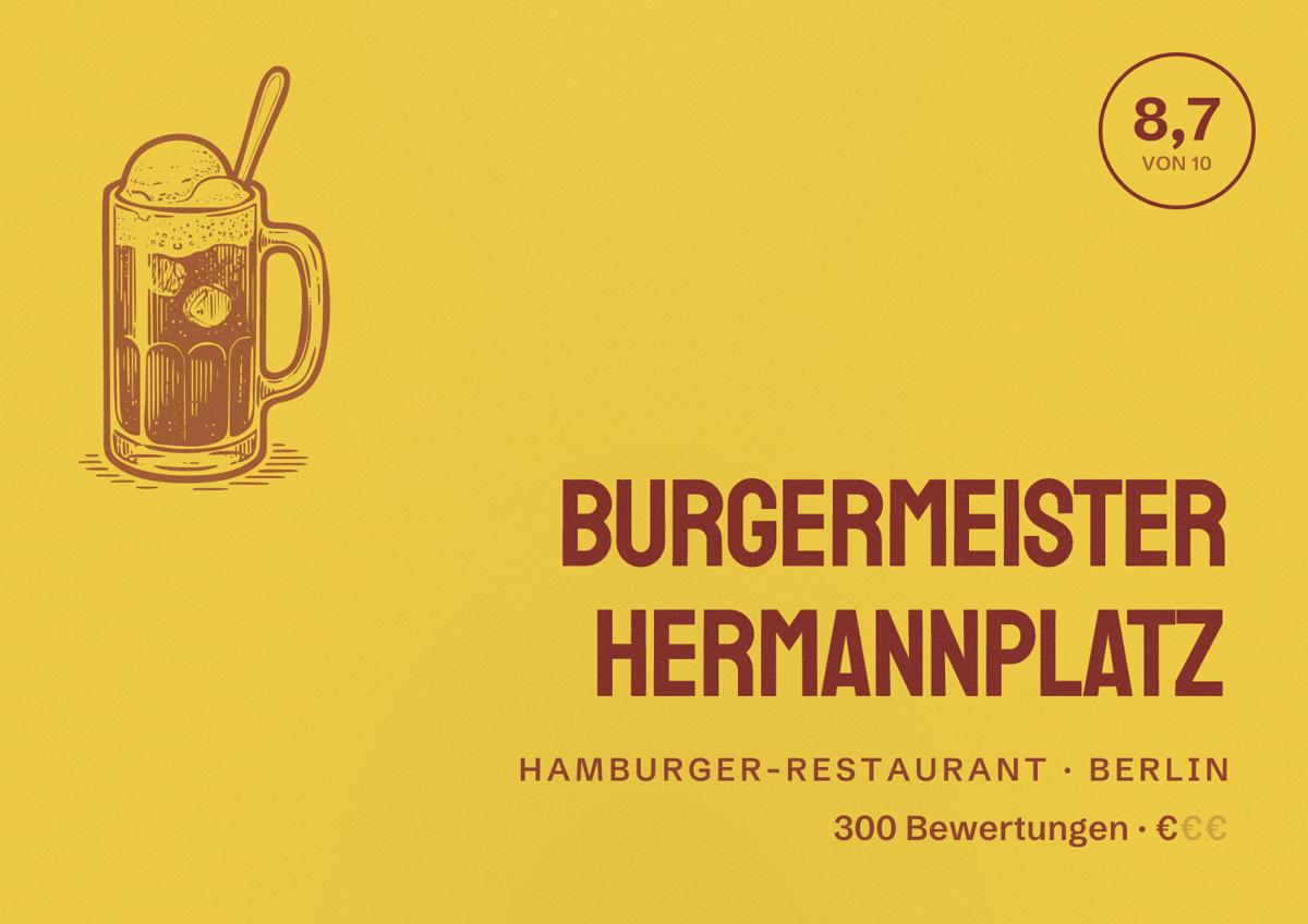 Illustriertes Poster von Burgermeister Hermannplatz, Hamburger-Restaurant in Berlin: Bewertung 8,7 von 10 aus 300 Bewertungen, Preisniveau €