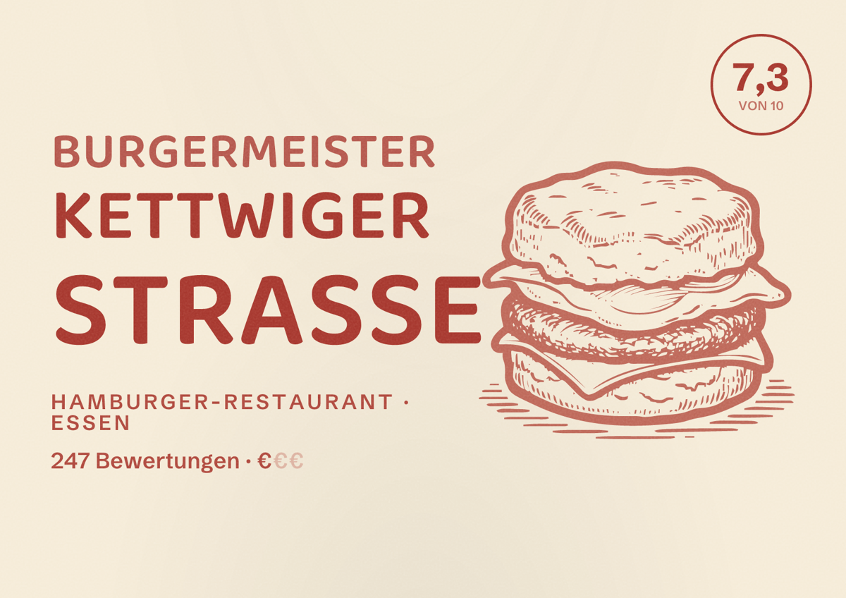 Illustriertes Poster von Burgermeister Kettwiger Straße, Hamburger-Restaurant in Essen: Bewertung 7,3 von 10 aus 247 Bewertungen, Preisniveau €