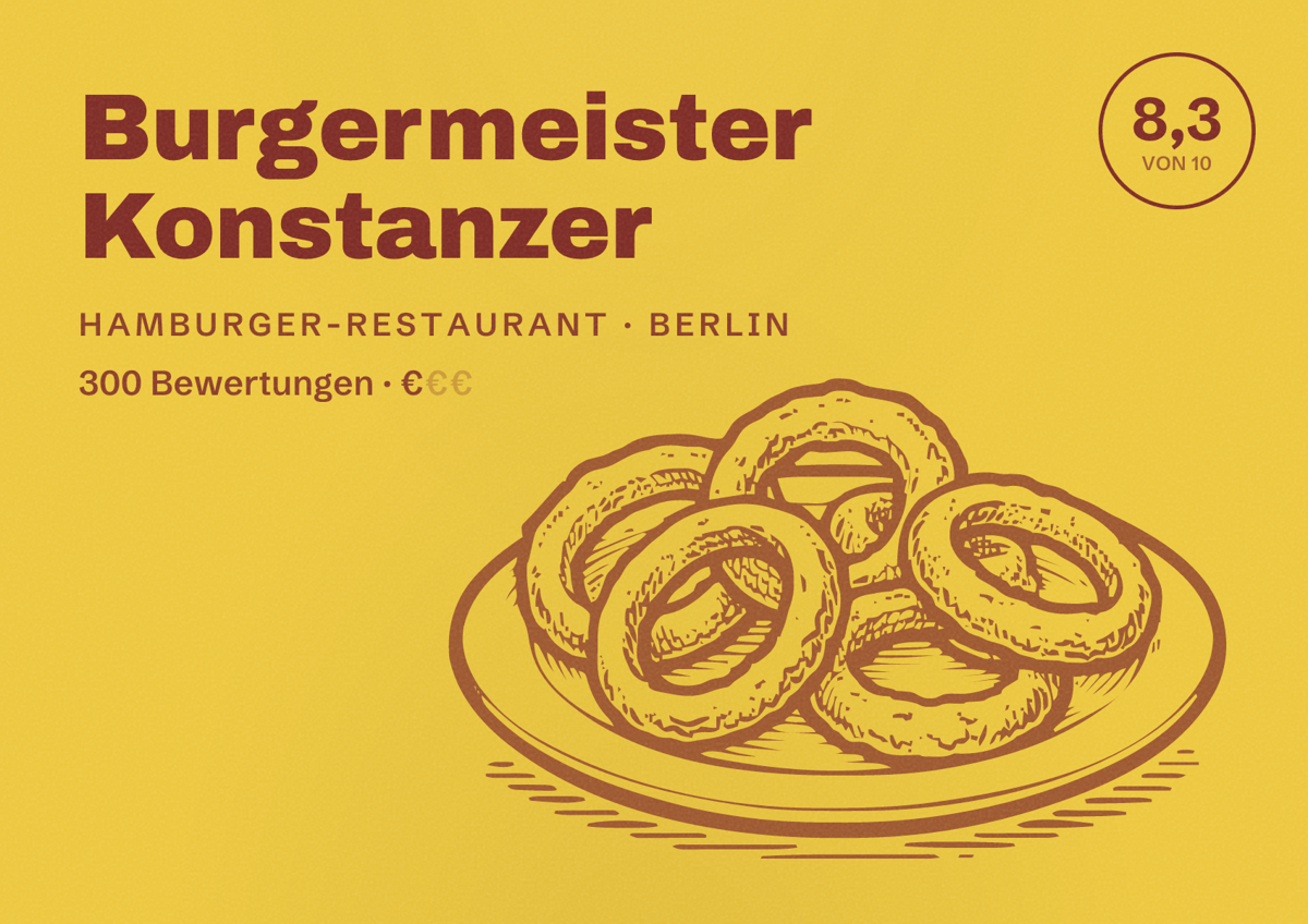 Illustriertes Poster von Burgermeister Konstanzer, Hamburger-Restaurant in Berlin: Bewertung 8,3 von 10 aus 300 Bewertungen, Preisniveau €