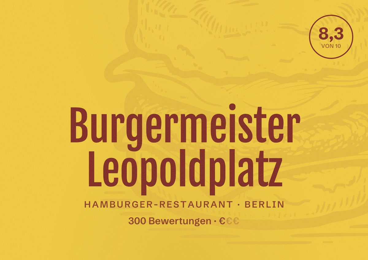 Illustriertes Poster von Burgermeister Leopoldplatz, Hamburger-Restaurant in Berlin: Bewertung 8,3 von 10 aus 300 Bewertungen, Preisniveau €