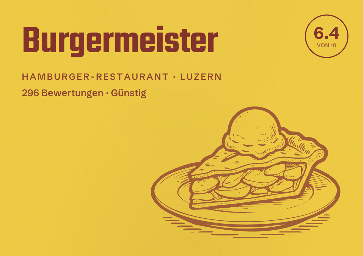 Illustriertes Poster von Burgermeister, Hamburger-Restaurant in Luzern: Bewertung 6.4 von 10 aus 296 Bewertungen, Preisniveau Günstig