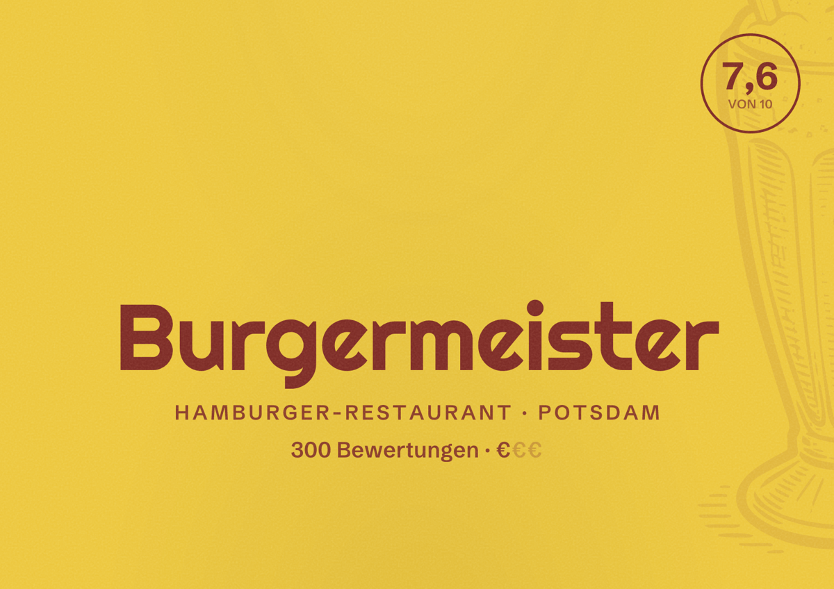 Illustriertes Poster von Burgermeister, Hamburger-Restaurant in Potsdam: Bewertung 7,6 von 10 aus 300 Bewertungen, Preisniveau €