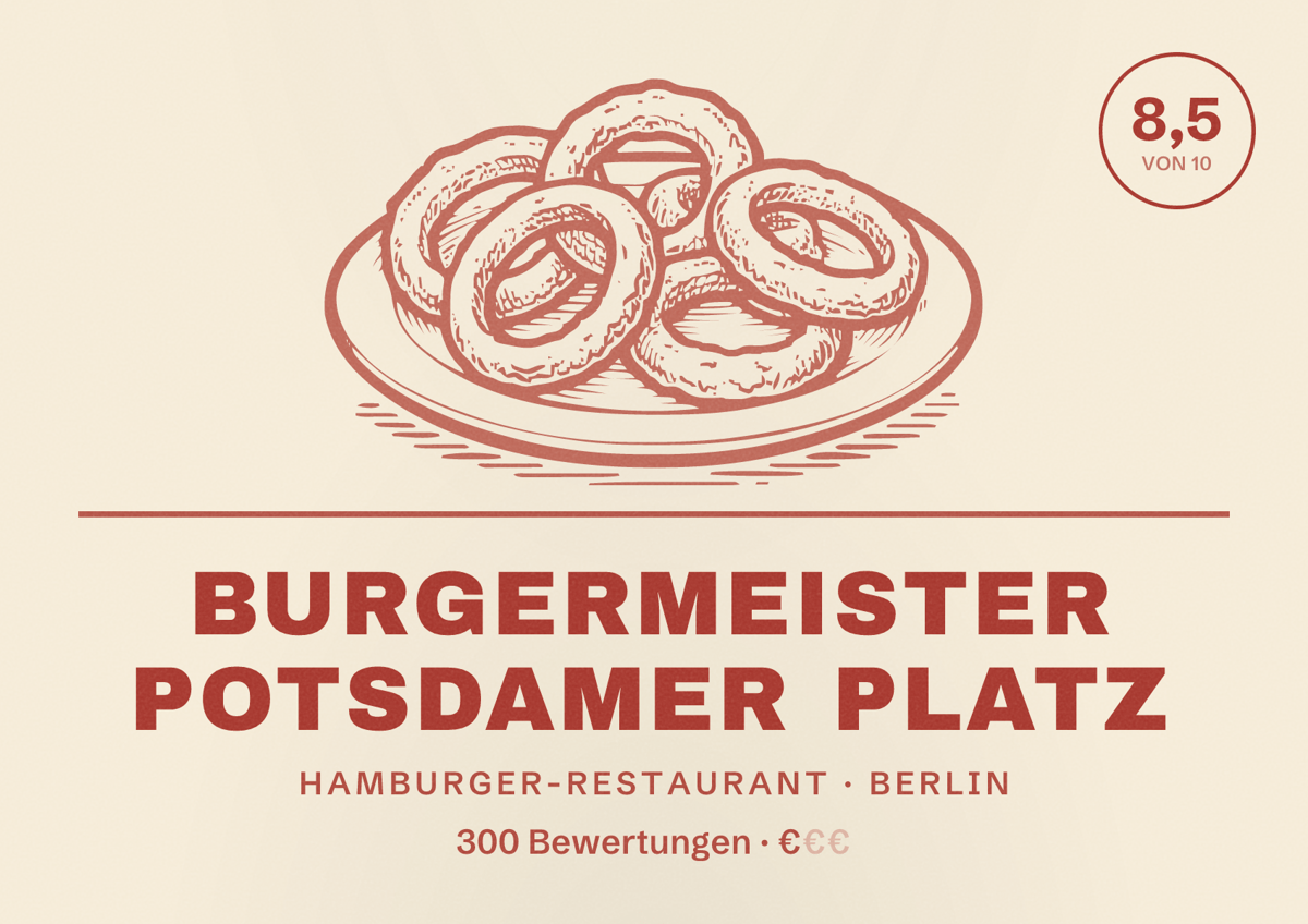 Illustriertes Poster von Burgermeister Potsdamer Platz, Hamburger-Restaurant in Berlin: Bewertung 8,5 von 10 aus 300 Bewertungen, Preisniveau €