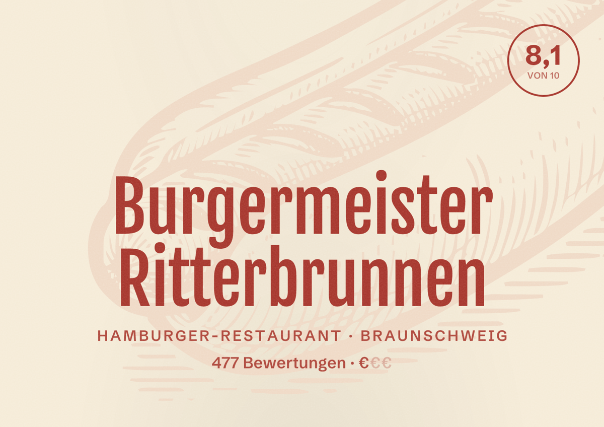 Illustriertes Poster von Burgermeister Ritterbrunnen, Hamburger-Restaurant in Braunschweig: Bewertung 8,1 von 10 aus 477 Bewertungen, Preisniveau €