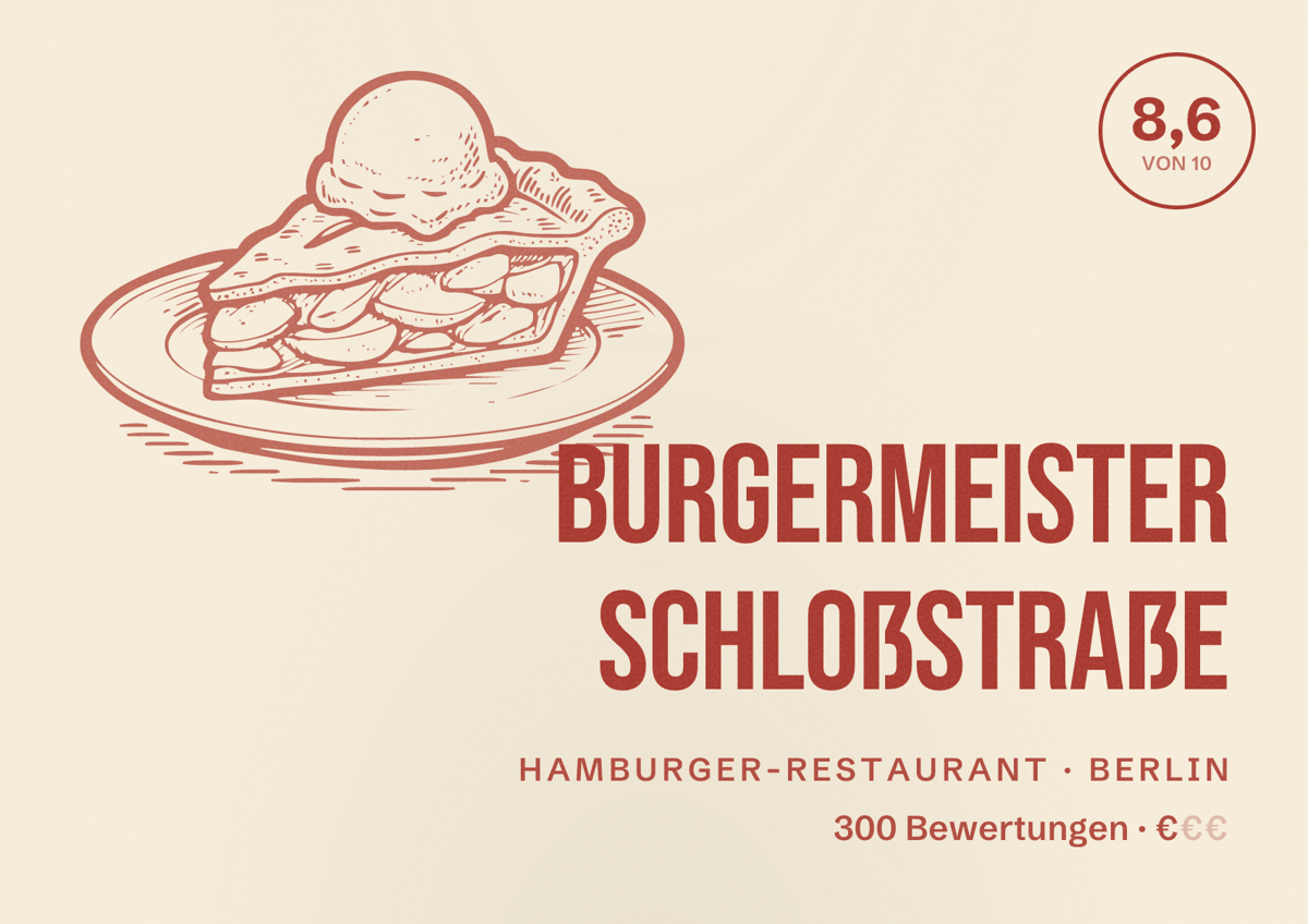 Illustriertes Poster von Burgermeister Schloßstraße, Hamburger-Restaurant in Berlin: Bewertung 8,6 von 10 aus 300 Bewertungen, Preisniveau €