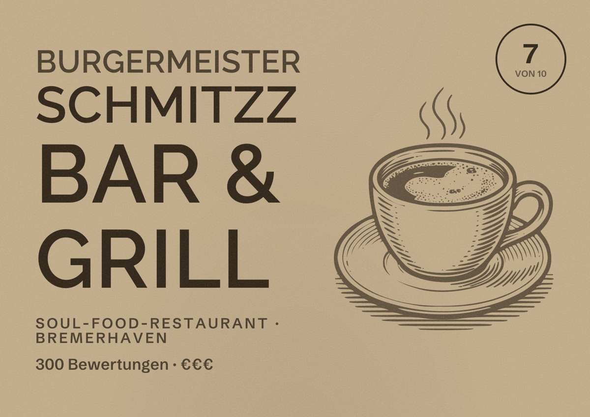 Illustriertes Poster von Burgermeister Schmitzz Bar & Grill, Soul-Food-Restaurant in Bremerhaven: Bewertung 7 von 10 aus 300 Bewertungen, Preisniveau €€€