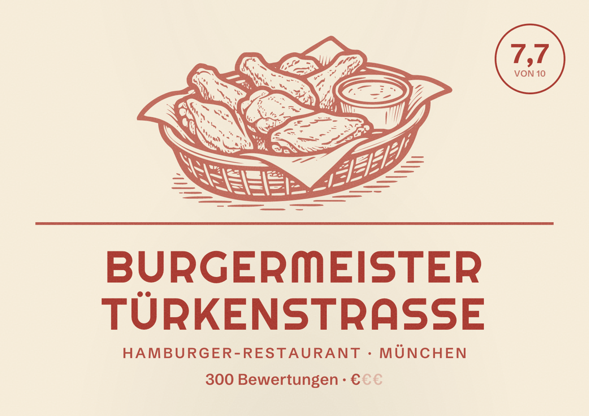 Illustriertes Poster von Burgermeister Türkenstraße, Hamburger-Restaurant in München: Bewertung 7,7 von 10 aus 300 Bewertungen, Preisniveau €