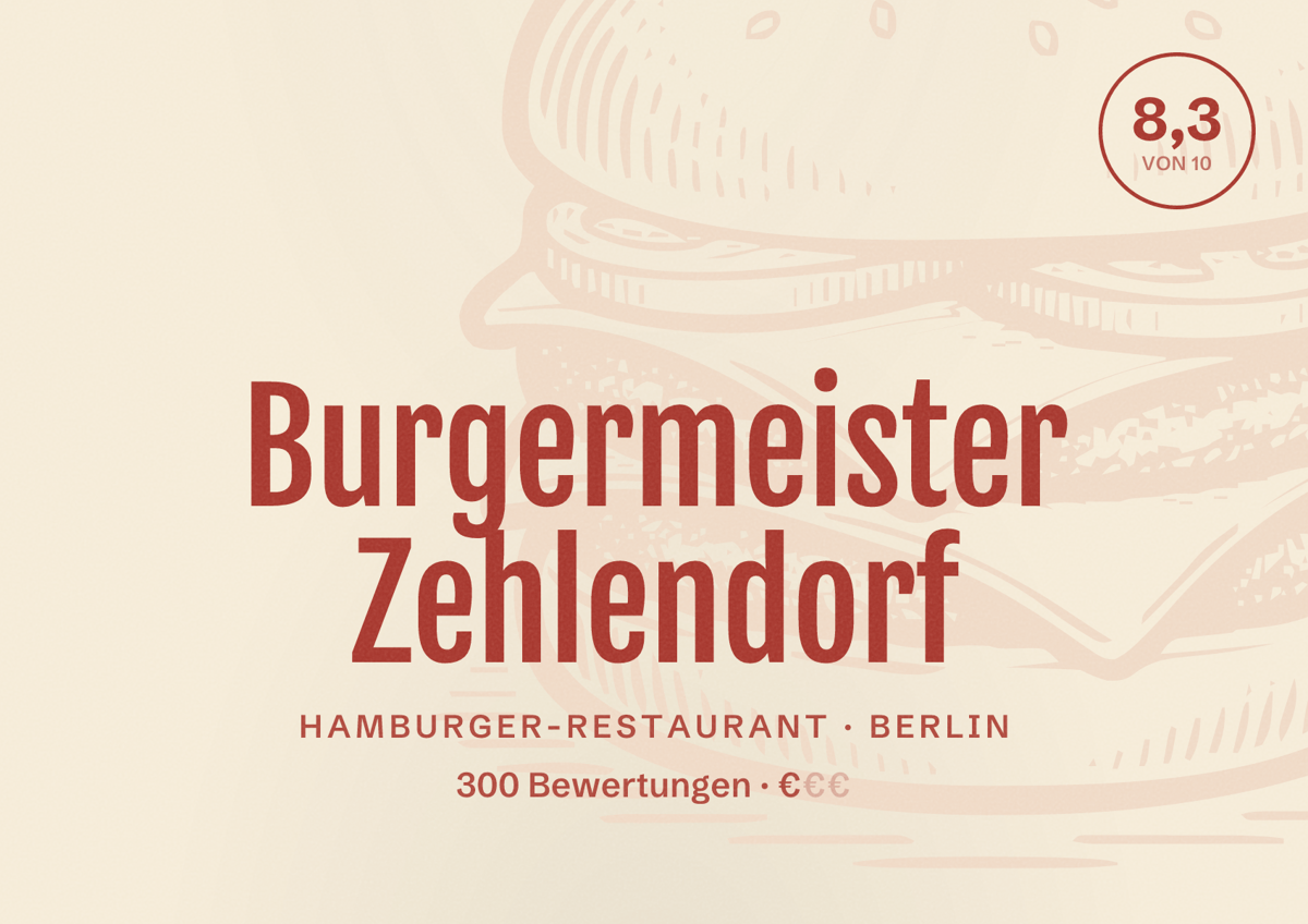 Illustriertes Poster von Burgermeister Zehlendorf, Hamburger-Restaurant in Berlin: Bewertung 8,3 von 10 aus 300 Bewertungen, Preisniveau €