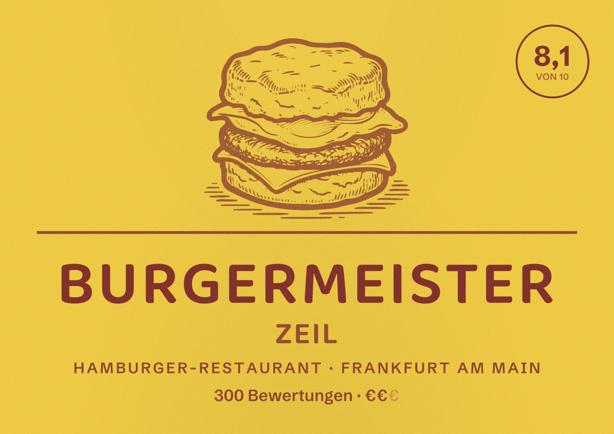 Illustriertes Poster von Burgermeister Zeil, Hamburger-Restaurant in Frankfurt am Main: Bewertung 8,1 von 10 aus 300 Bewertungen, Preisniveau €€