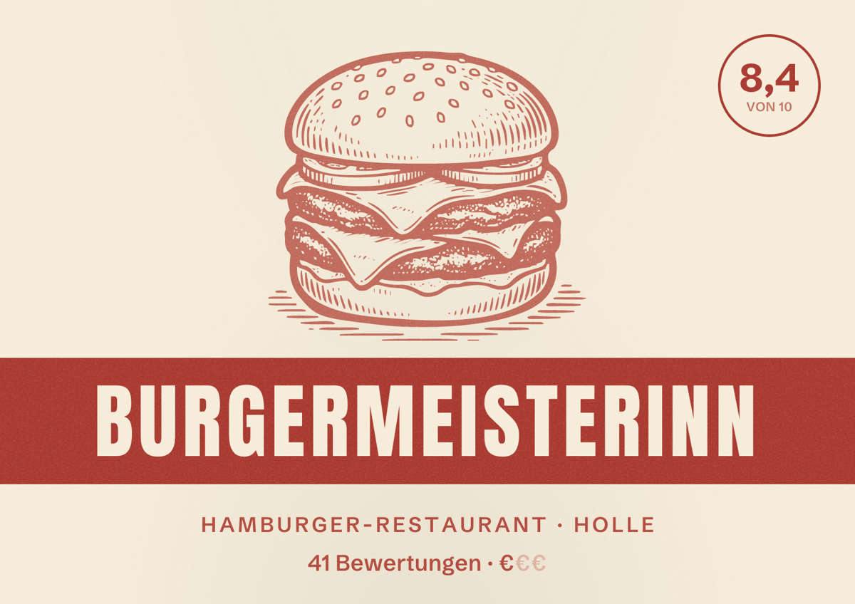 Illustriertes Poster von BurgerMeisterInn, Hamburger-Restaurant in Holle: Bewertung 8,4 von 10 aus 41 Bewertungen, Preisniveau €