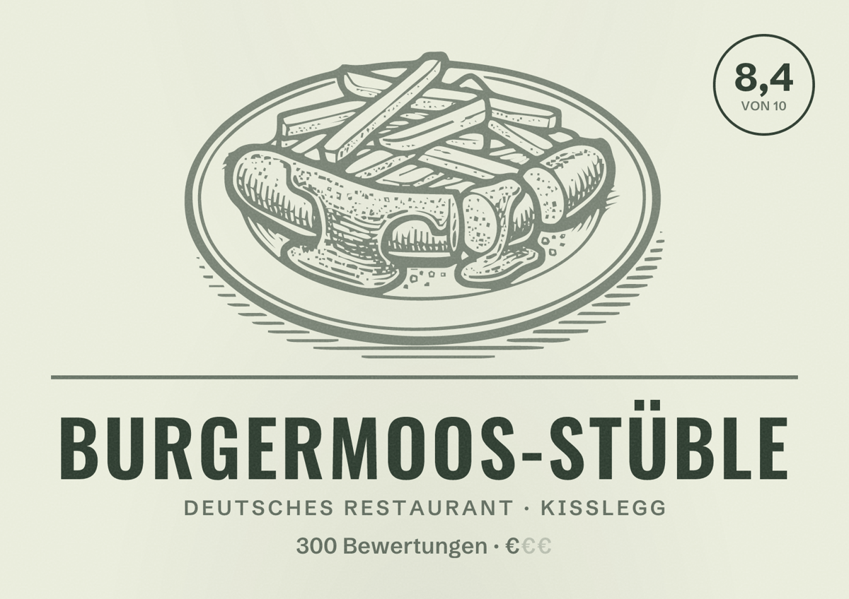 Illustriertes Poster von Burgermoos-Stüble, Deutsches Restaurant in Kißlegg: Bewertung 8,4 von 10 aus 300 Bewertungen, Preisniveau €