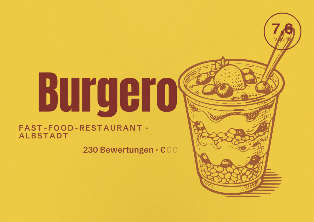 Illustriertes Poster von Burgero, Fast-Food-Restaurant in Albstadt: Bewertung 7,6 von 10 aus 230 Bewertungen, Preisniveau €
