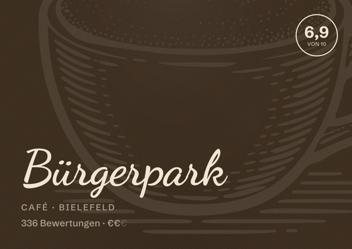 Illustriertes Poster von Bürgerpark, Café in Bielefeld: Bewertung 6,9 von 10 aus 336 Bewertungen, Preisniveau €€