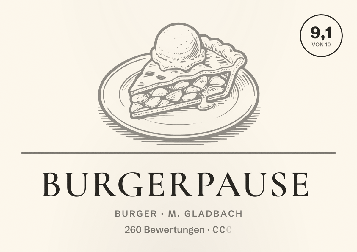Illustriertes Poster von Burgerpause, Burger in M. Gladbach: Bewertung 9,1 von 10 aus 260 Bewertungen, Preisniveau €€