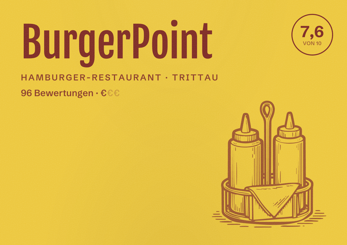 Illustriertes Poster von BurgerPoint, Hamburger-Restaurant in Trittau: Bewertung 7,6 von 10 aus 96 Bewertungen, Preisniveau €