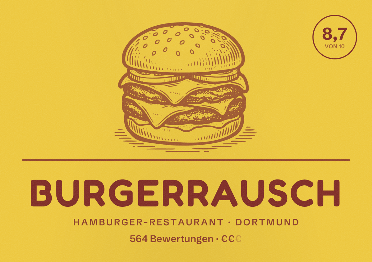 Illustriertes Poster von Burgerrausch, Hamburger-Restaurant in Dortmund: Bewertung 8,7 von 10 aus 564 Bewertungen, Preisniveau €€