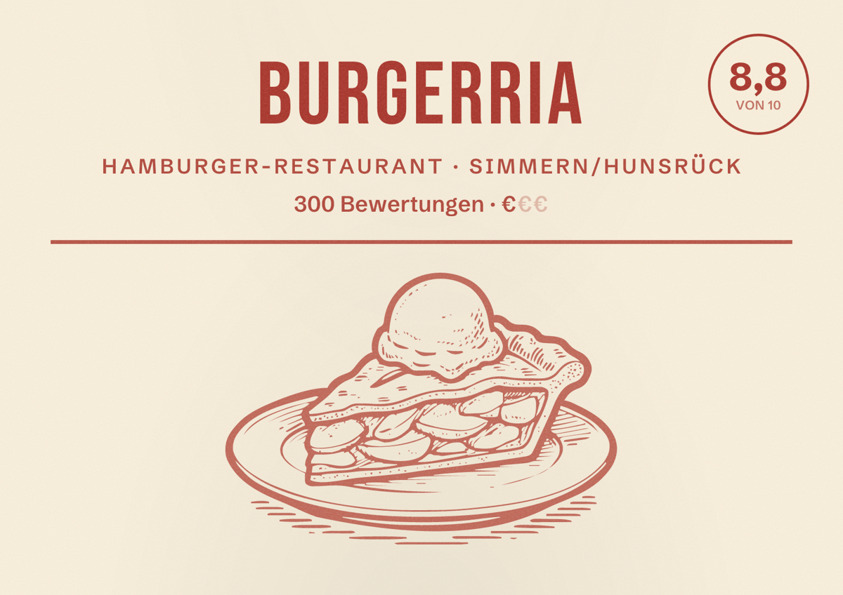 Illustriertes Poster von BurgerRia, Hamburger-Restaurant in Simmern/Hunsrück: Bewertung 8,8 von 10 aus 300 Bewertungen, Preisniveau €