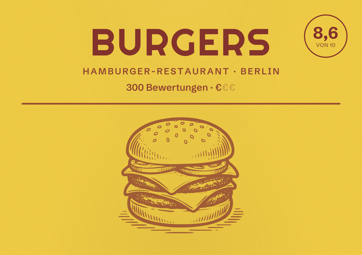 Illustriertes Poster von Burgers, Hamburger-Restaurant in Berlin: Bewertung 8,6 von 10 aus 300 Bewertungen, Preisniveau €