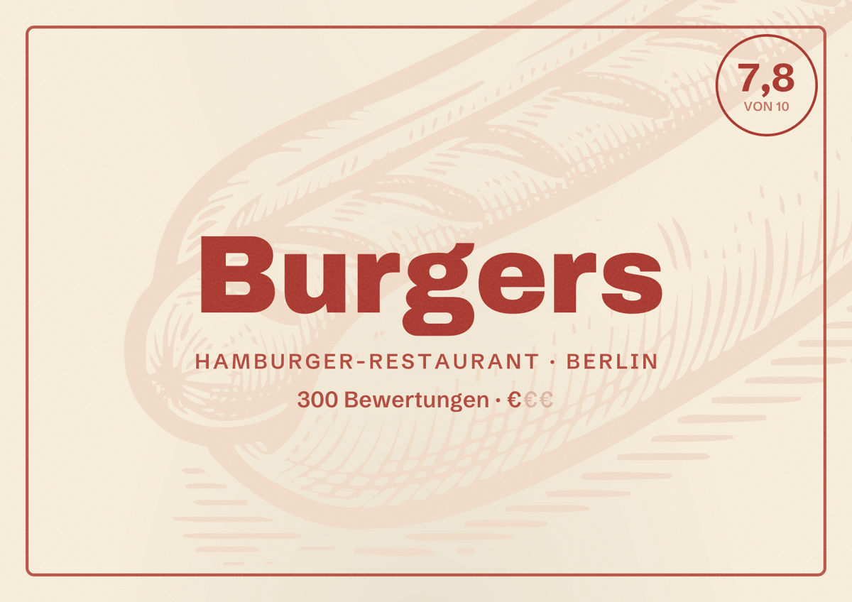 Illustriertes Poster von Burgers, Hamburger-Restaurant in Berlin: Bewertung 7,8 von 10 aus 300 Bewertungen, Preisniveau €