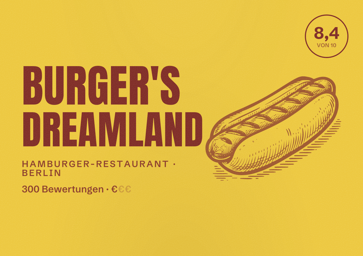 Illustriertes Poster von Burger's Dreamland, Hamburger-Restaurant in Berlin: Bewertung 8,4 von 10 aus 300 Bewertungen, Preisniveau €