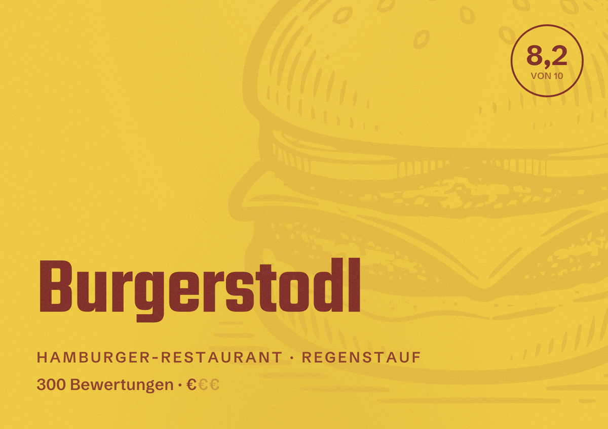 Illustriertes Poster von Burgerstodl, Hamburger-Restaurant in Regenstauf: Bewertung 8,2 von 10 aus 300 Bewertungen, Preisniveau €