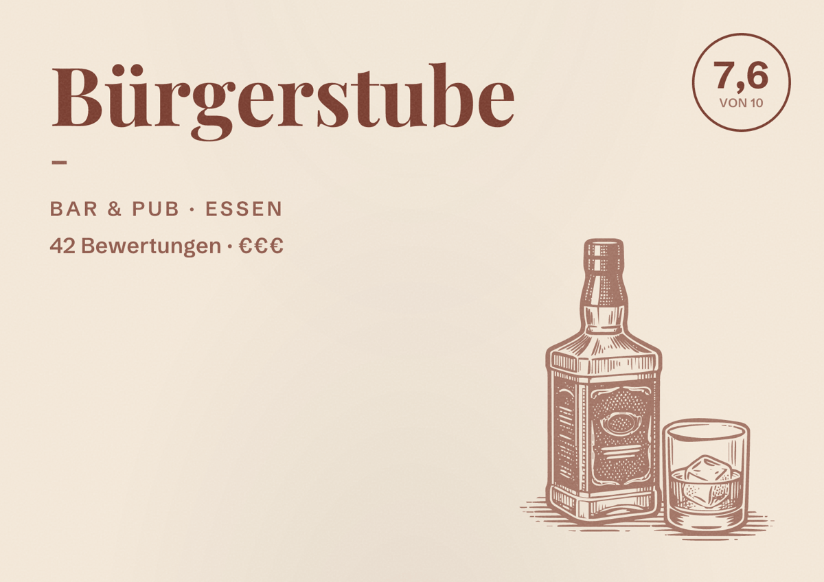 Illustriertes Poster von Bürgerstube -, Bar & Pub in Essen: Bewertung 7,6 von 10 aus 42 Bewertungen, Preisniveau €€€