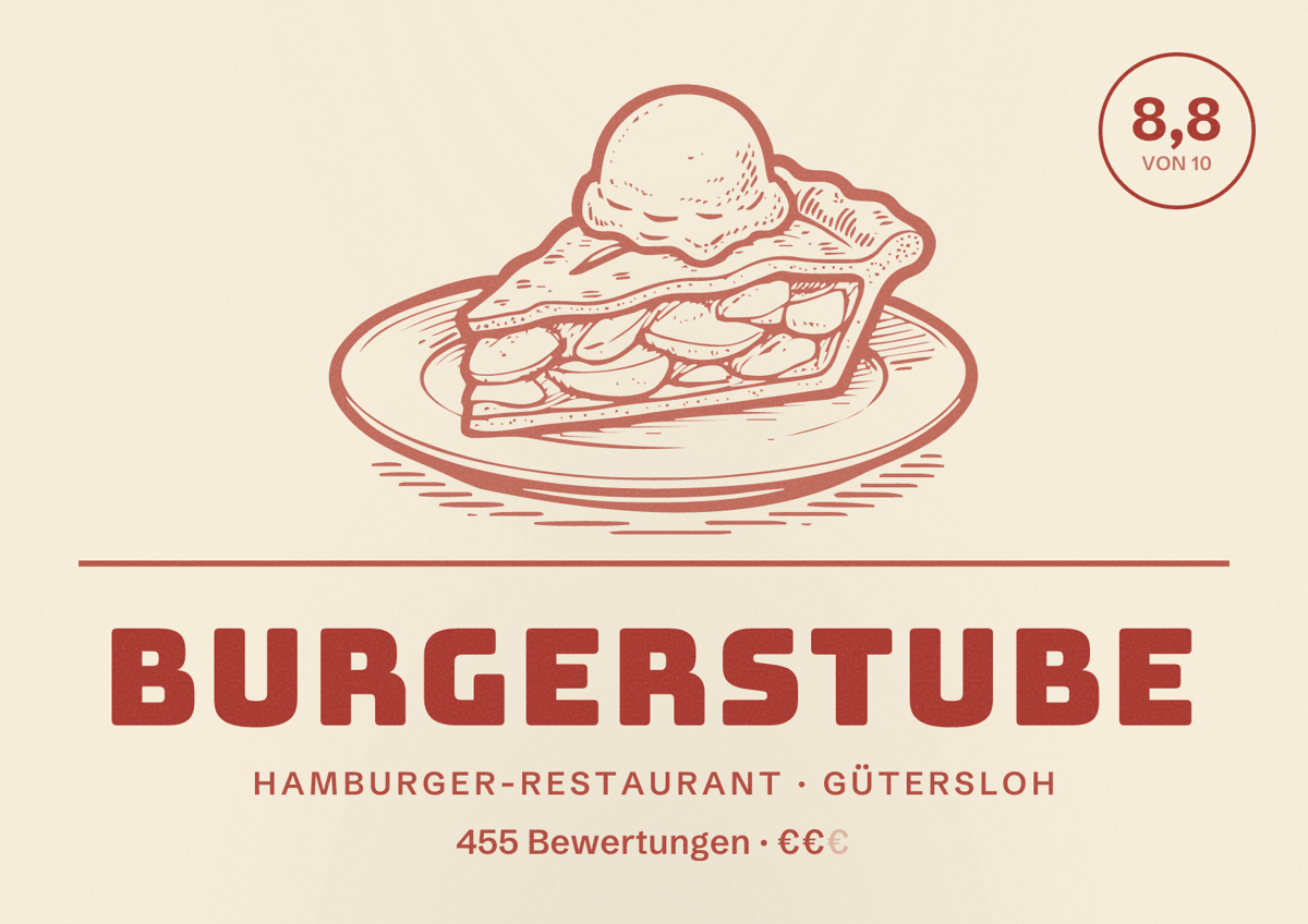 Illustriertes Poster von Burgerstube, Hamburger-Restaurant in Gütersloh: Gästebewertung 8,8 von 10 aus 455 Bewertungen