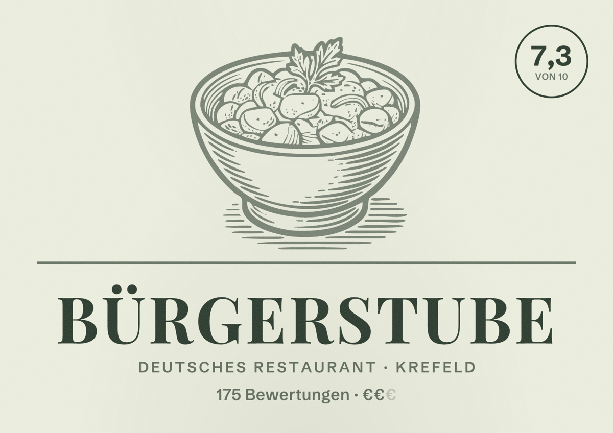 Illustriertes Poster von BürgerStube, Deutsches Restaurant in Krefeld: Bewertung 7,3 von 10 aus 175 Bewertungen, Preisniveau €€