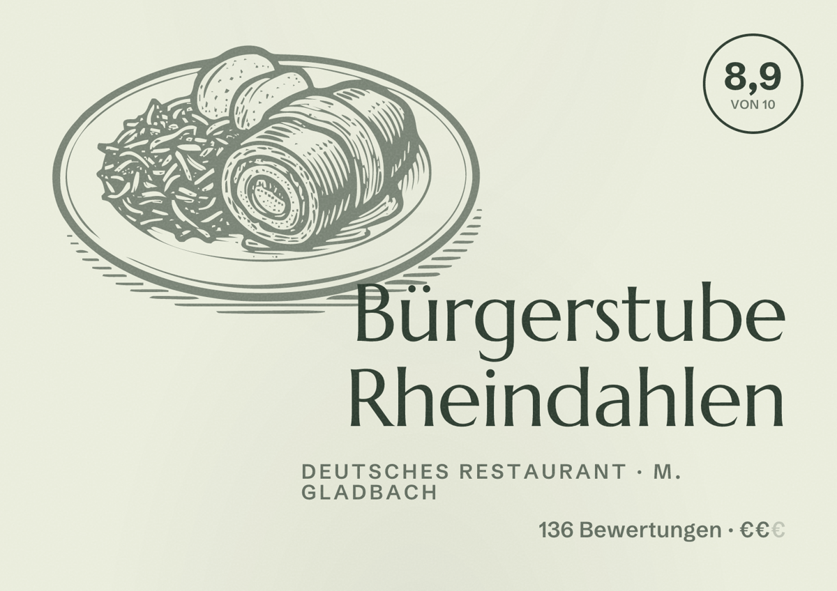 Illustriertes Poster von Bürgerstube Rheindahlen, Deutsches Restaurant in M. Gladbach: Bewertung 8,9 von 10 aus 136 Bewertungen, Preisniveau €€