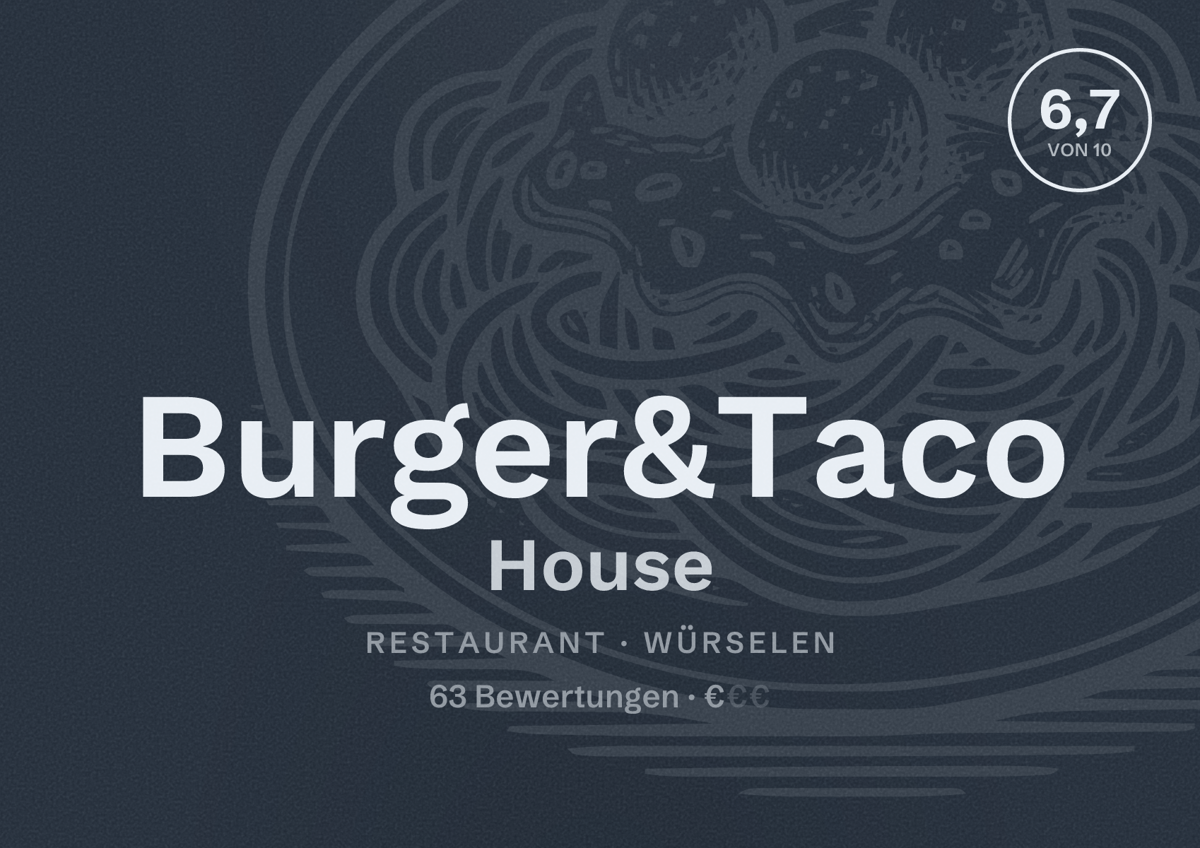 Illustriertes Poster von Burger&Taco House, Restaurant in Würselen: Bewertung 6,7 von 10 aus 63 Bewertungen, Preisniveau €